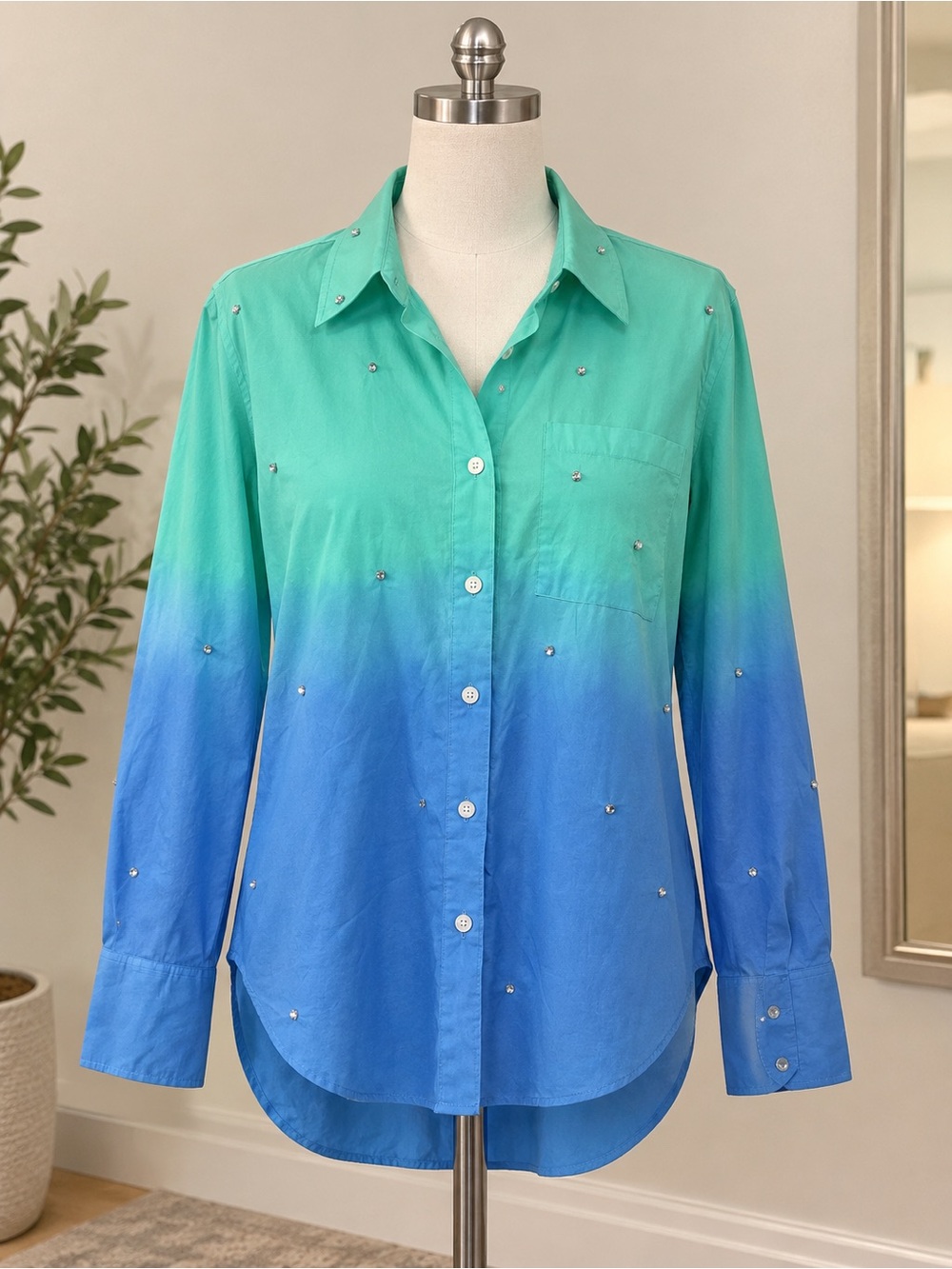 Embellished Teal-to-Blue Ombre Button-Down Shirt
